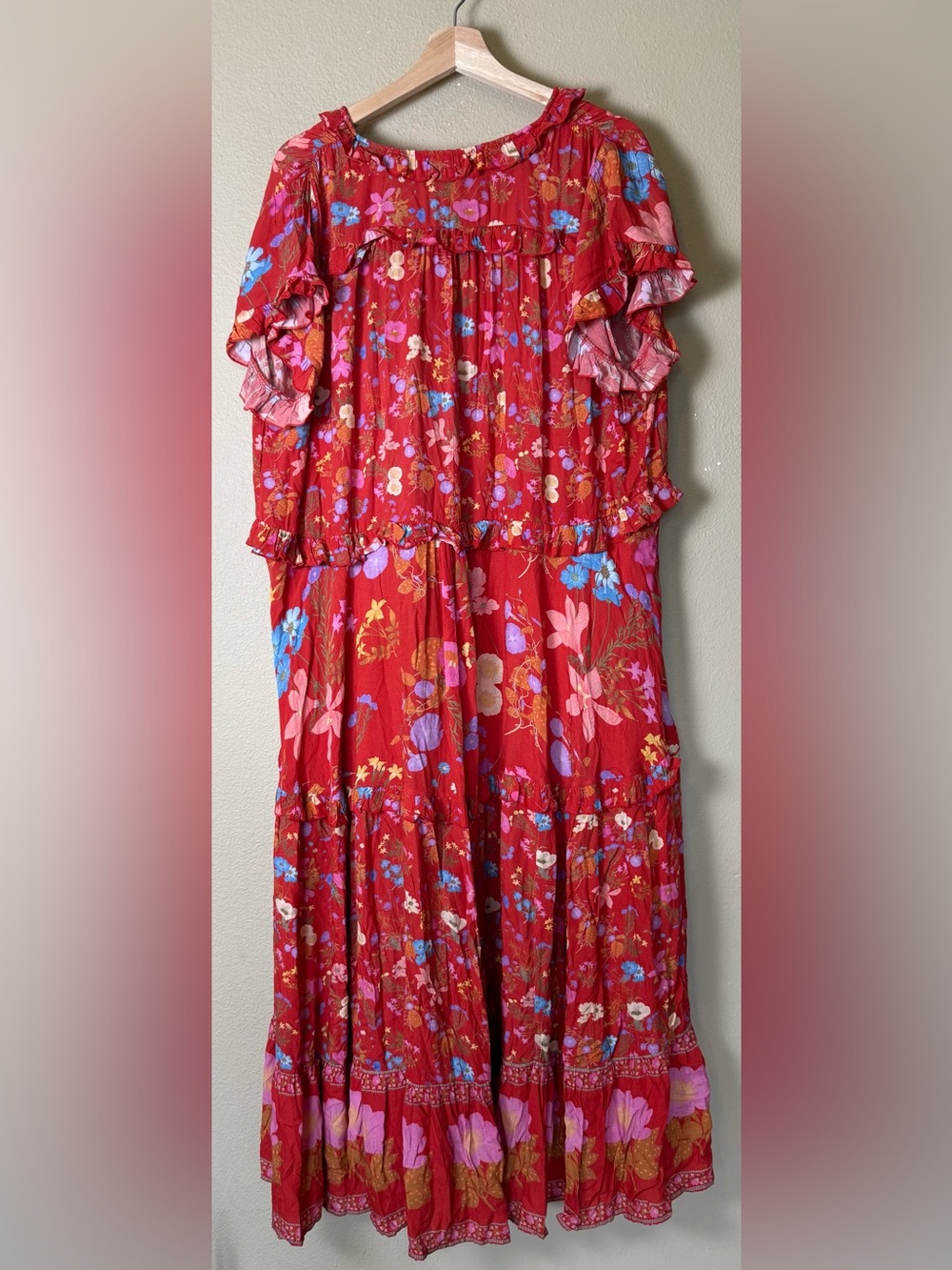 Spell Red Oversized Floral Ruffle Maxi Tiered Dress Medium - Picture 3 of 6
